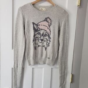 Hollister Y2K Cat Beanie Hat Graphic Soft Knit Pullover Sweater Gray Sz S